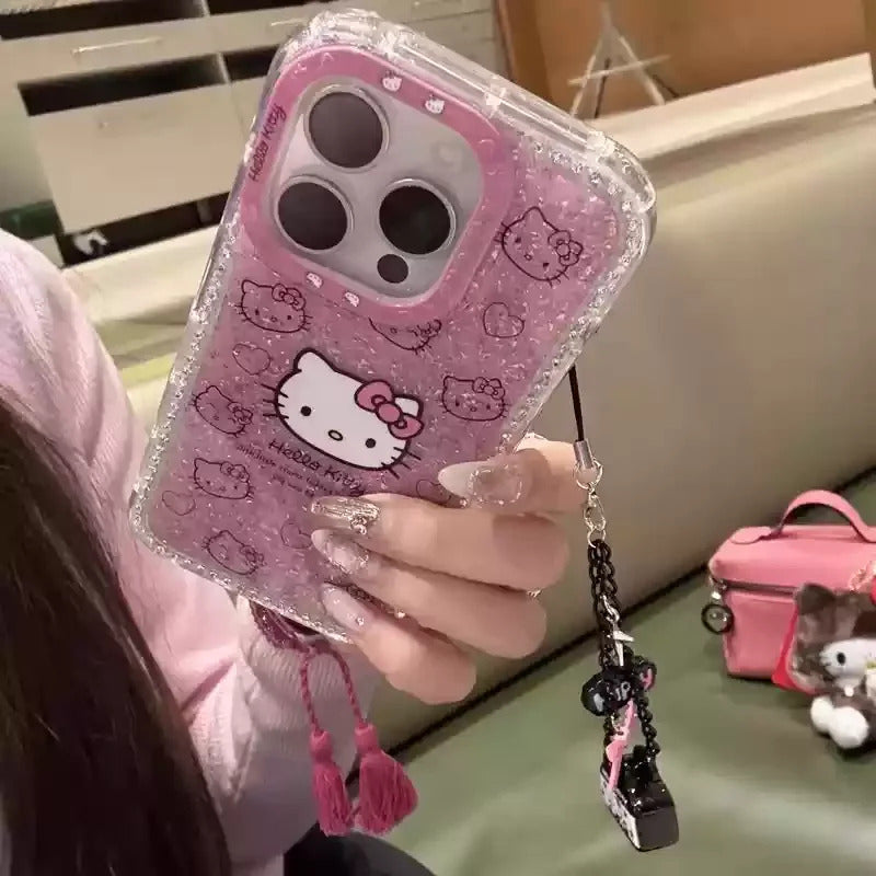 New Hello Kitty 3d Glitter Diamand Shell Case With Pendant For Iphone 16 15 14 13pro Max Plus Japan Korean Girl Soft Cover Gift