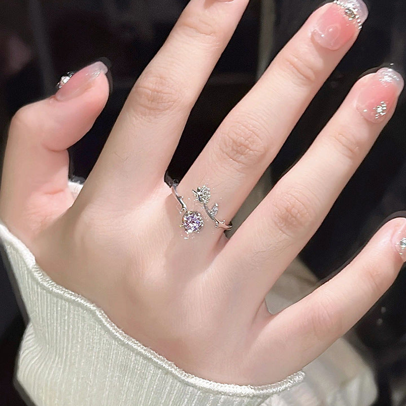 Pink Zirconium Rose Ring Female Mori Style Light Luxury Super Fairy Girl Flowers Openings Adjustable Ring