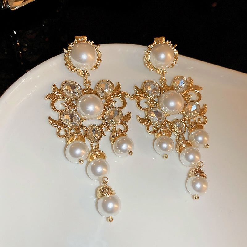 Silver Needle Inlaid with Diamonds and Pearls Flower Tassel Earrings Niche Style Atmosphere Earrings Fashionable Light Luxury High-end Earrings
