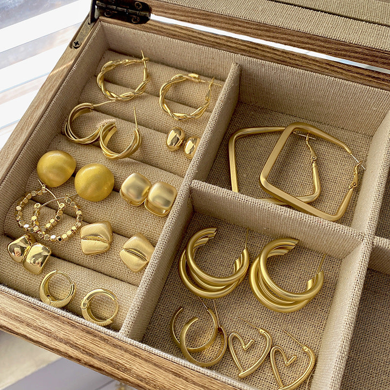 925 Silver Needle Hong Kong Style Retro Metal Earrings Women's High-Grade Geometric Simple Bracelet Ear Clip All-Match Exaggerated Commuter Earrings