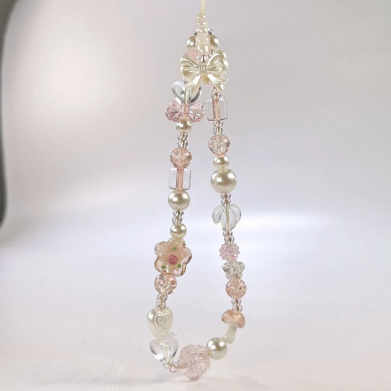 Y2K Glass Flower Bead Phone Strap Charm Chain Knot Cellphone Lanyard Keychain Woman Girl Bag Camera Pendant for Airpods Case