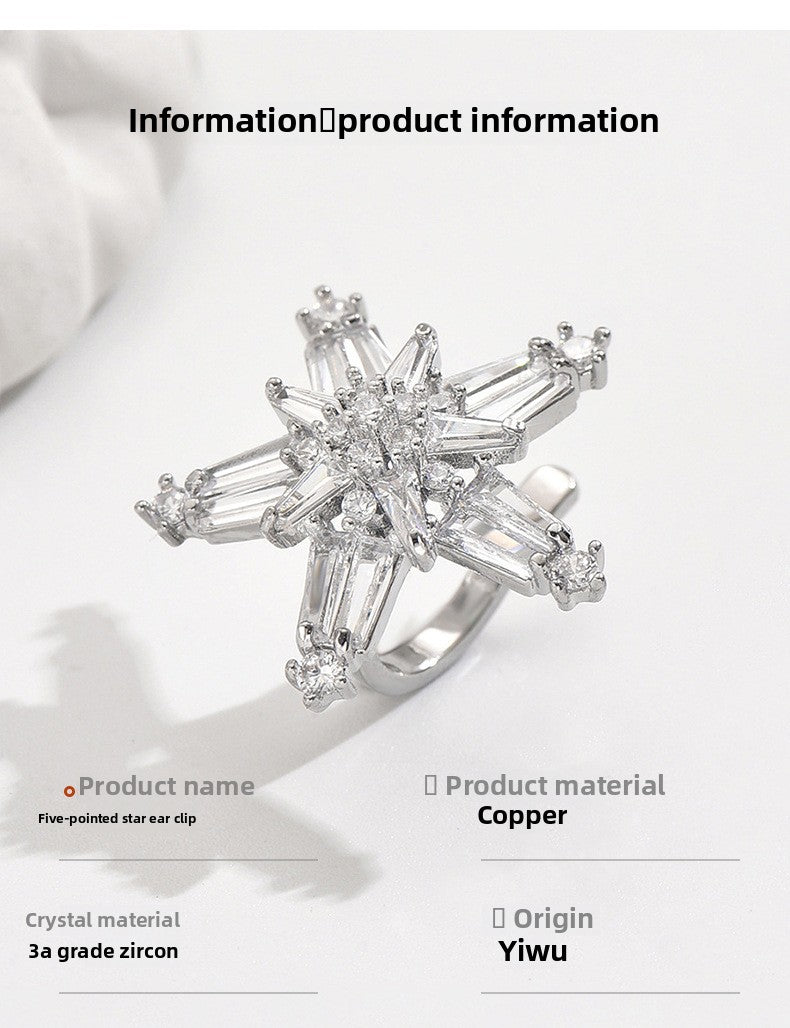 Five-Pointed Star Ear Clip Full Diamond Copper Earrings Studded with Zircon Korean Style Ear Clip Simple Fashion Sweet Non-Piercing Ear Clip