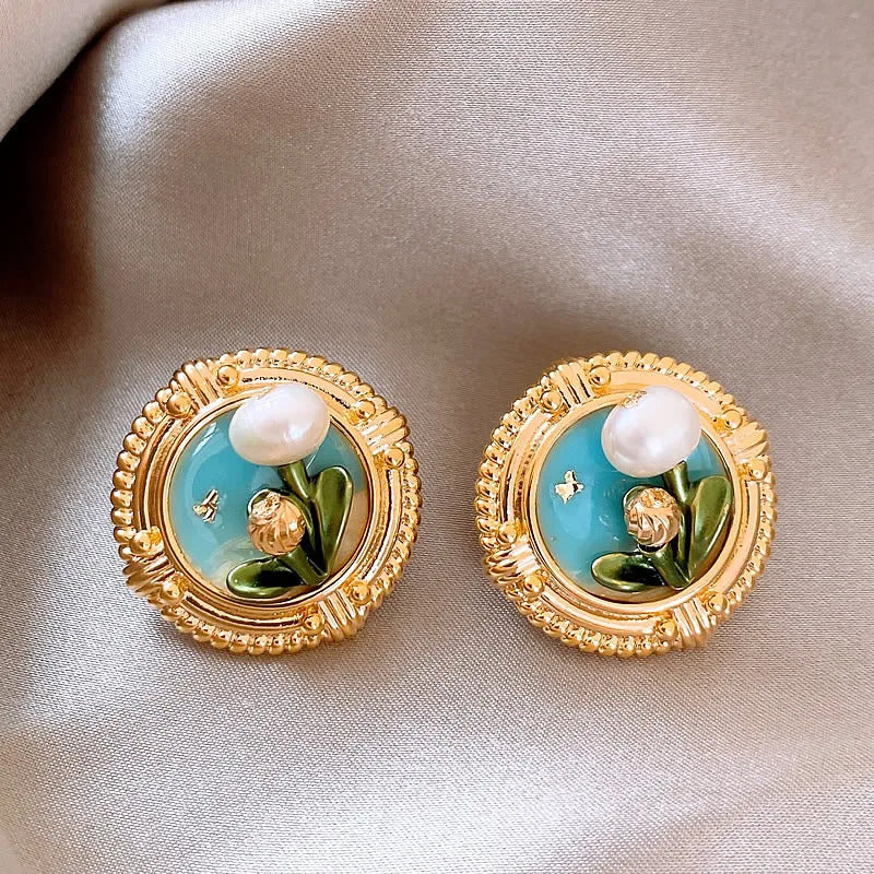 Vintage Oil Painting Style Flower Earrings Fashion Imitates Pearl Geometric Drop Earrings High-End Wedding Jewelry Accessories