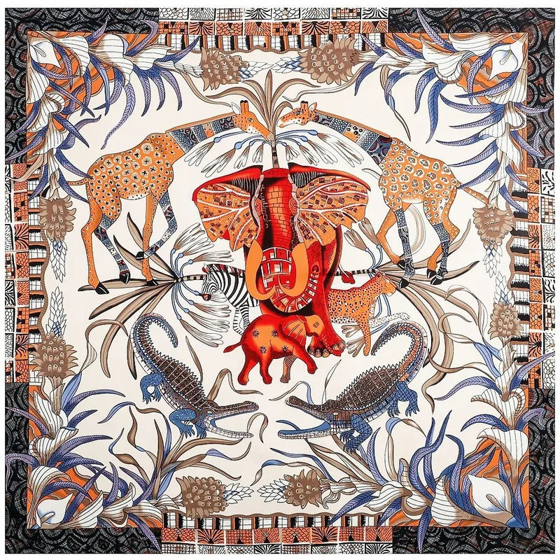 130x130CM Twill Silk Square Scarf Animals Print Women Scarves&Wrap Giraffe Neckerchief Spanish Large Bandana Neck Shawl Wraps