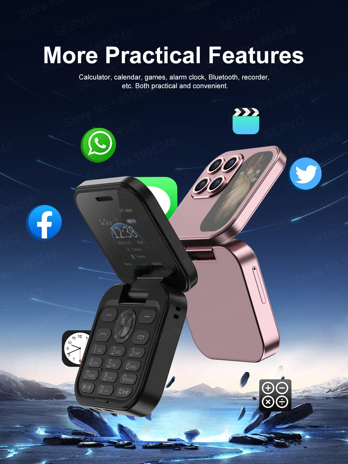 SERVO i17 Mini Dual SIM Card Fold Mobile Phone 2G Network Video Player Flashlight FM Radio Magic Voice Small Box Flip Cellphones