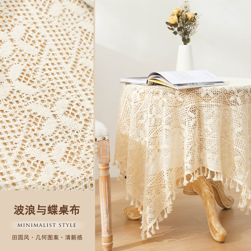 American Pastoral Cotton Woven Tablecloth Lace Hollow Crochet Tassel Dining Tablecloth French Cover Cloth Vintage Ins Tablecloth