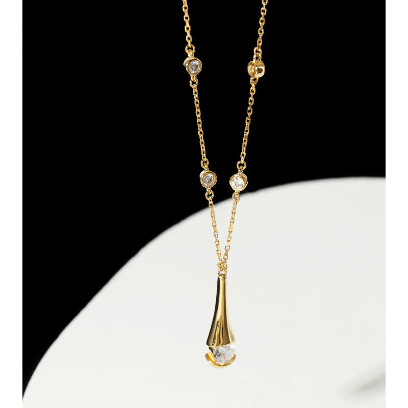 925 Sterling Silver Women's Shiny Water Drop Collarbone Chain High-end Niche Design Ins Style Necklace