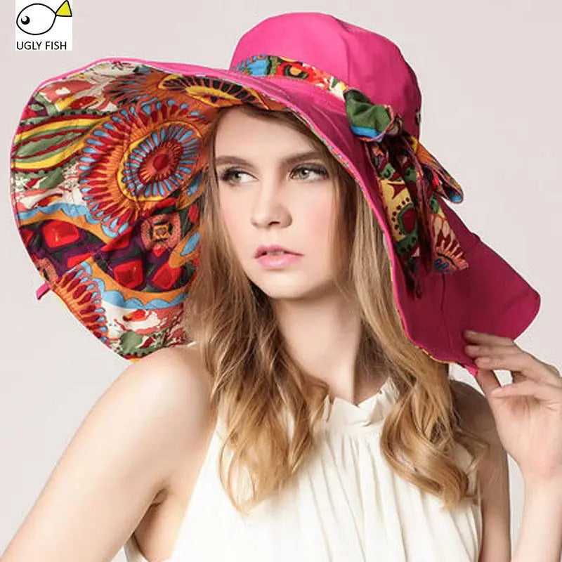 Sun Hats for Women Summer Large Beach Hat Flower Printed Wide Brim Bob Chapeu Panama Feminino