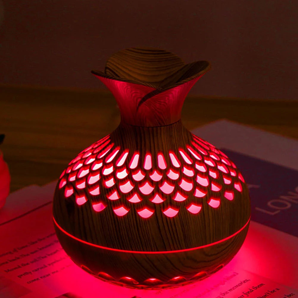 300ML Wood Grain Flower Humidifier Silent Aromatherapy Diffuser USB Rechargeable Mini Air Humidifier with Colorful Night Light