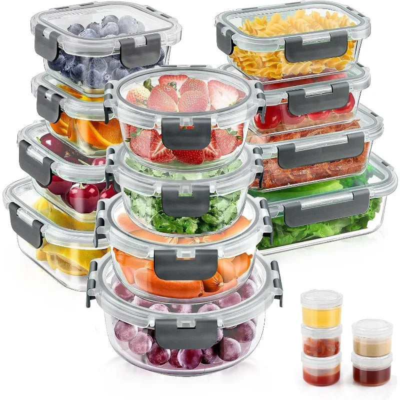 34pcs Glass Food Storage Containers with Lids Set, Airtight Glass Meal Prep Containers (17 Containers & 17 Lids), Leak Proof