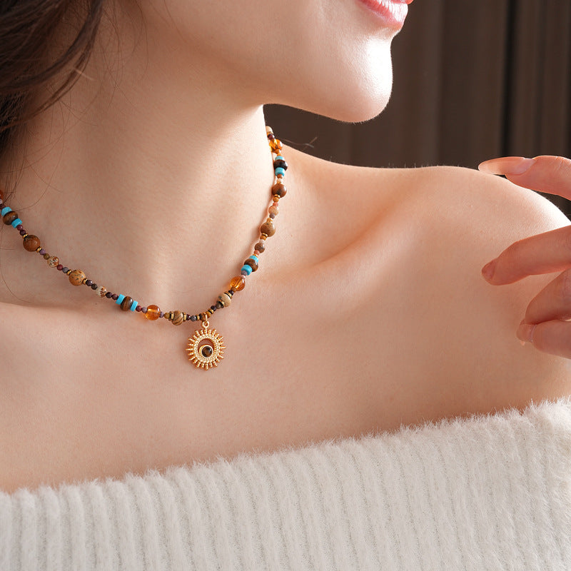 Titanium Steel Natural Stone Rice Bead Sun Necklace Retro Ethnic Style Niche Clavicle Chain Light Luxury High-end Fashion Jewelry