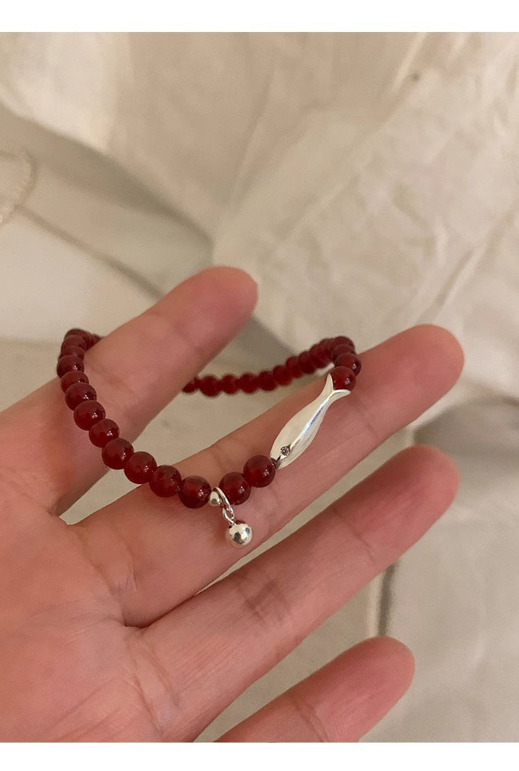 S925 Sterling Silver Fresh Style Red Agate Small Fish Bracelet for Women, Niche Design, Light Luxury, Versatile New Bracelet