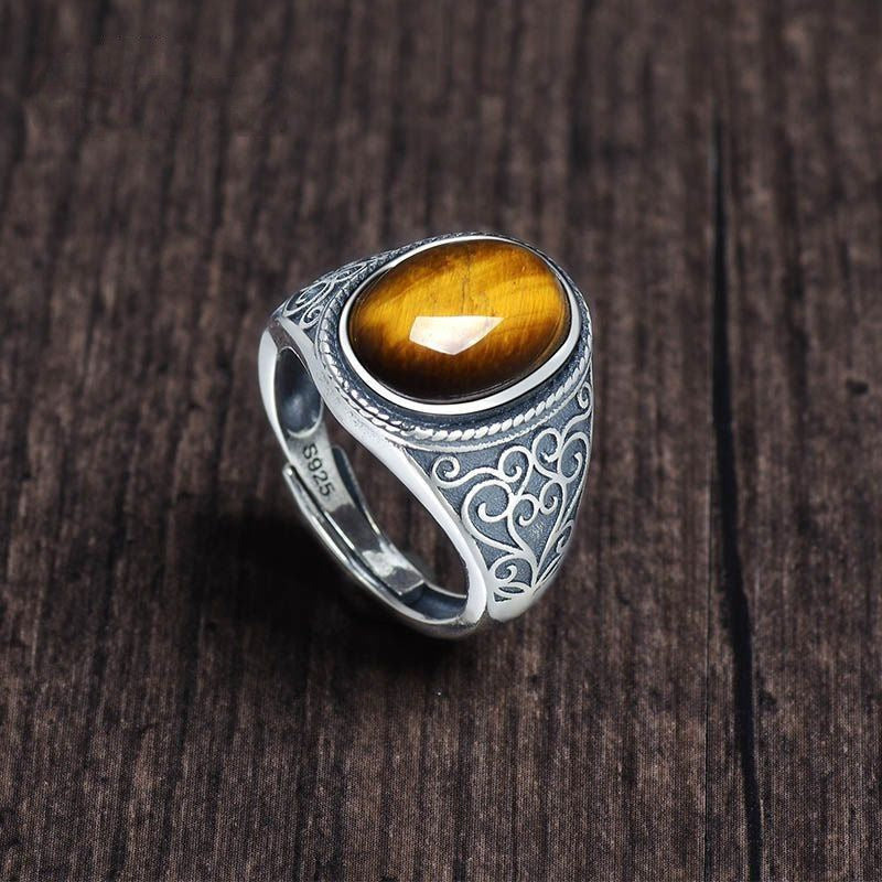 New S925 Silver Tiger Eye Stone Adjustable Men's Ring Vintage Style Natural Gift Open Ring Gold Feel