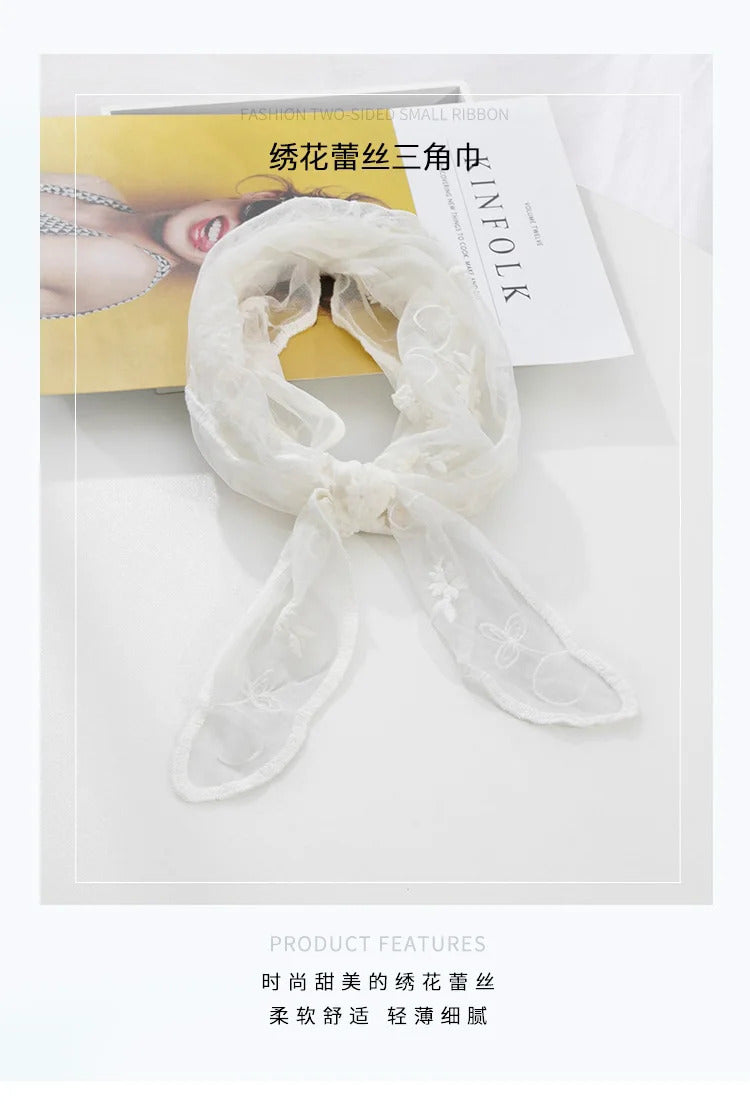 Korean Lace Embroidered Long Silk Scarf Sunscreen Neck Protection Pastoral Lady Beautiful Triangular Embroidered Spring Summer