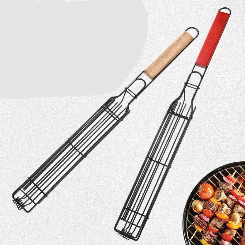 Burning Baking Cage Carbon Steel Hot Dog Sausage with Wooden Handle Baking Cage BBQ Barbecue Wire Barbecue Clip Grill Rack Camping Barbecue Tools