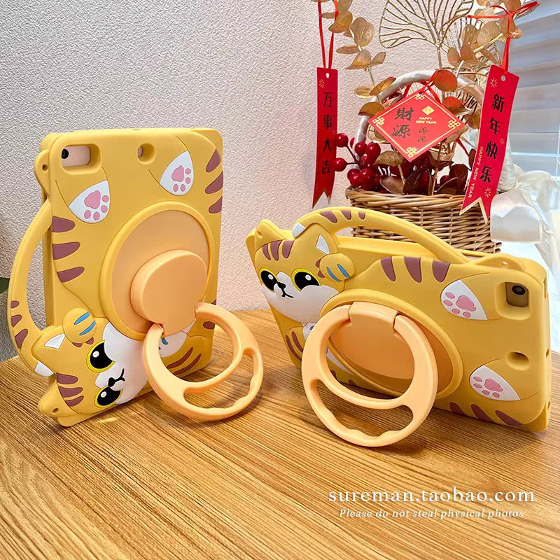 Cartoon Lucky Cat Silicone Case For Samsung Galaxy Tab A9 A7 Lite 8.7 S6 Lite 10.4 A8 X200 X205 Slot 360° Rotating Stand Cover