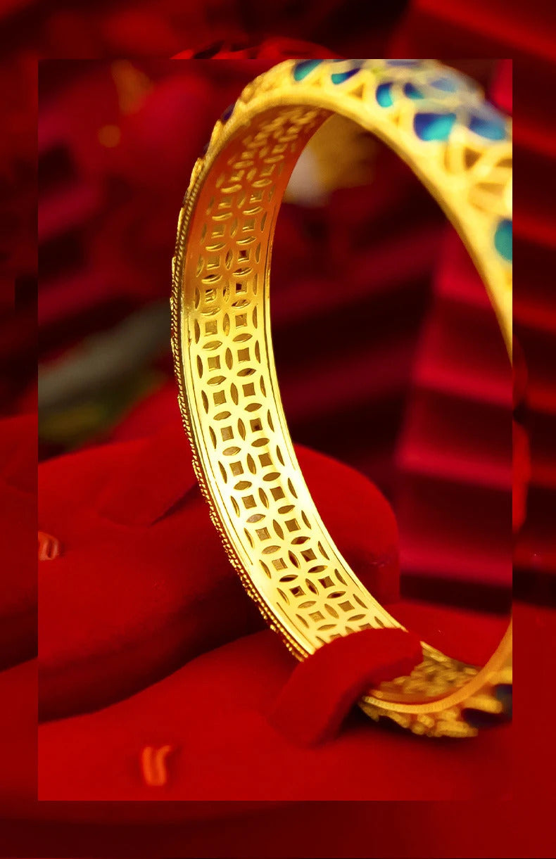 Chinese style wedding jewelry exquisite antique gold craftsred Lotus Flower bangles enamel retro charms bracelet for women