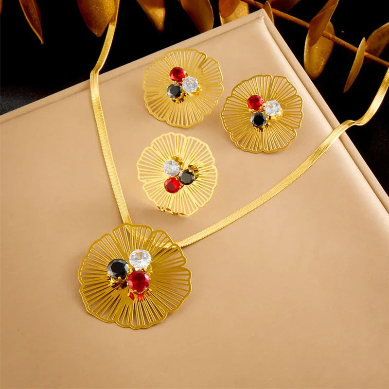 3Pcs Stainless Steel Colorful Zircon Hollow Flower Pattern Necklace Earrings Ring for Women Luxury Design Jewelry Set Party Gift