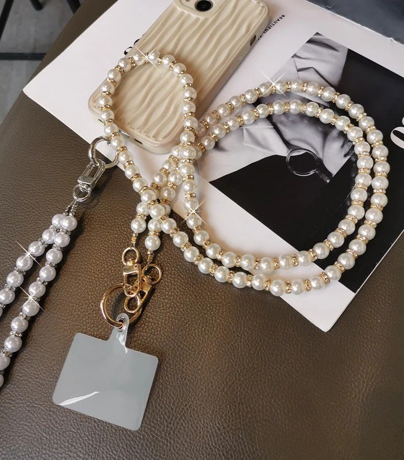 Universal Glitter Phone Lanyard Long Crossbody Necklace Chain Pearl Straps Keychain Anti-lost Sling with Patch for Phone Case
