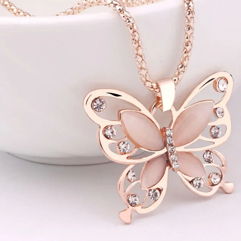 SUMENG 2024 New Necklace Choker Pendent Rose Gold Color Opal Butterfly Pendant Exquisite  Sweater Chain For Women Gifts