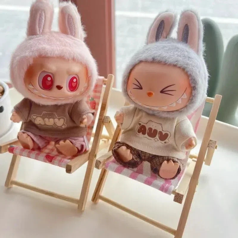 Hot Labubu Wooden Beach Chair Mini Doll Folding Chair Toy Phone Stand Desktop Cute Creative Decoration Photo Props Idol Gifts