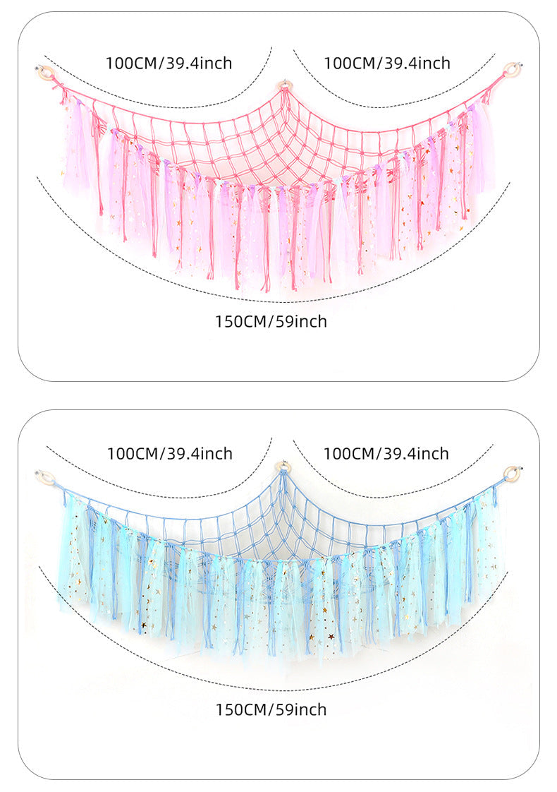 Cross-Border Ribbon Cotton String Doll Net Bag Hand-Woven Ribbon Triangle Net Bag Storage Net Bag Cotton String Wall Hanging Hammock