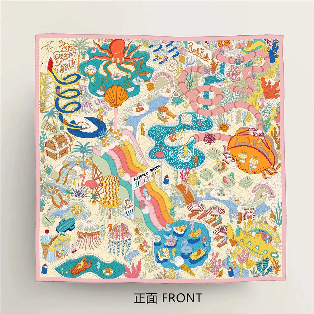 90Cm High-quality Twill Silk Double-sided Printing Submarine Playground Women's Large Square Scarf Scarf Chest Wrap Scarf