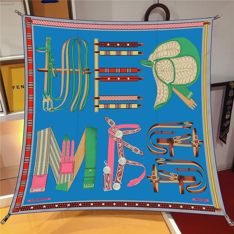 90cm Silk Scarf Women Belt Chain Design Square Scarf Head Echarpes Silk Foulards Femme Wraps Beach Shawls Bandana Lady Hijabs