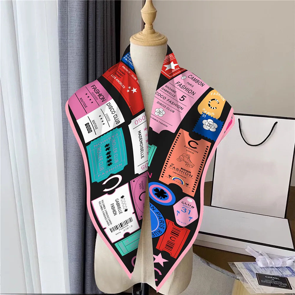 Fashion Graffiti Neckerchief Luxury Square Scarf for Women Silk Shawl Satin Hijab Wraps Hair Bands Headband Bandana Ribbon