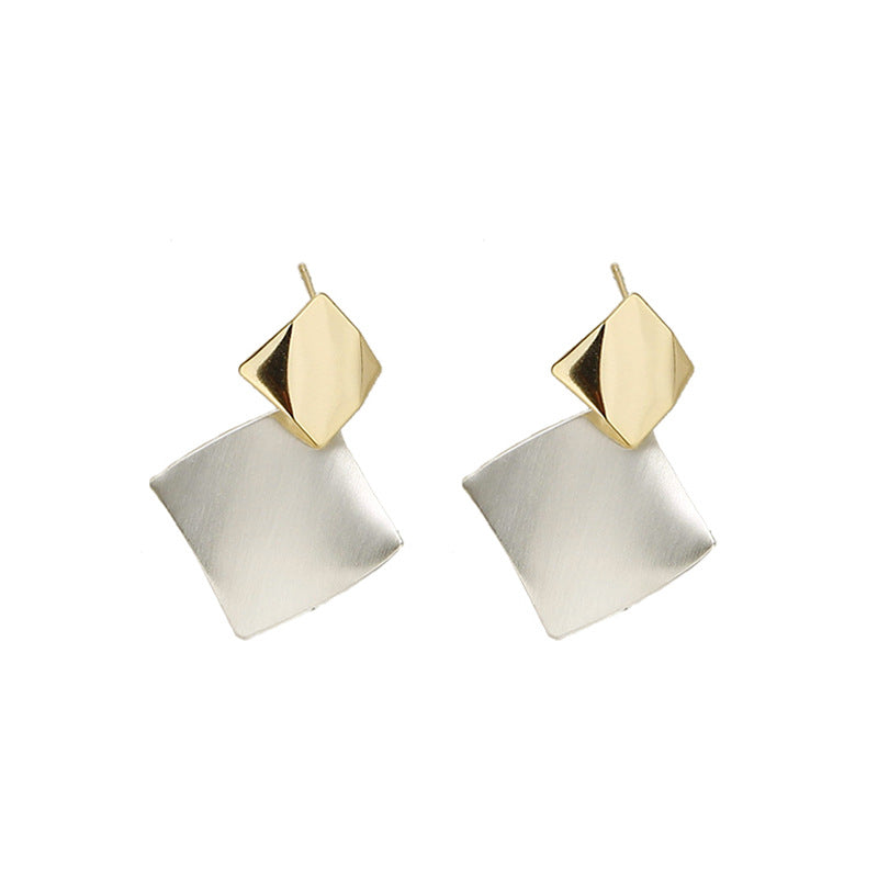 Trendy Color-Block Brushed Silver Rhombus Earrings Personality 925 Silver Needle Women's Stud Earrings 2025 New High-End Fashion