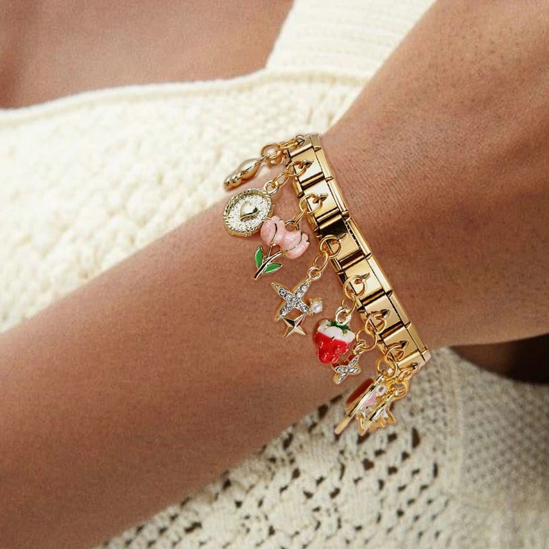 Fashion Pet Heart Flowers Sun Moon Zircon Gold Color Italian Charm Links Stainless Steel Fit 9mm Bracelet Jewelry DIY Making