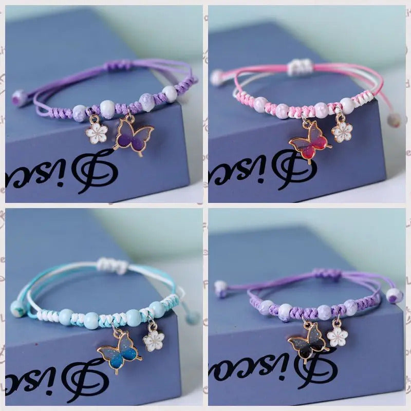 Kpop Cute Colorful Butterfly Bracelet for Women Girl Fashion Hand-woven Star Bell Beads Flower Pendant Bracelet Sister's Jewelry