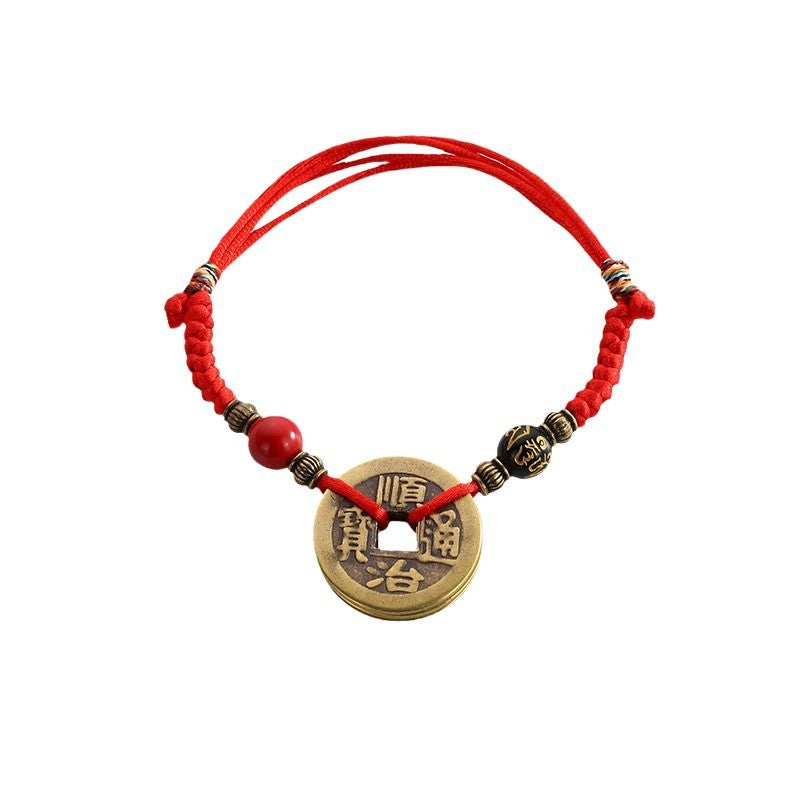 Five Emperor Coins Woven Bracelet Pure Copper Copper Coins Woven Five Emperor Coins Qianlong Copper Coin Bracelet Red String