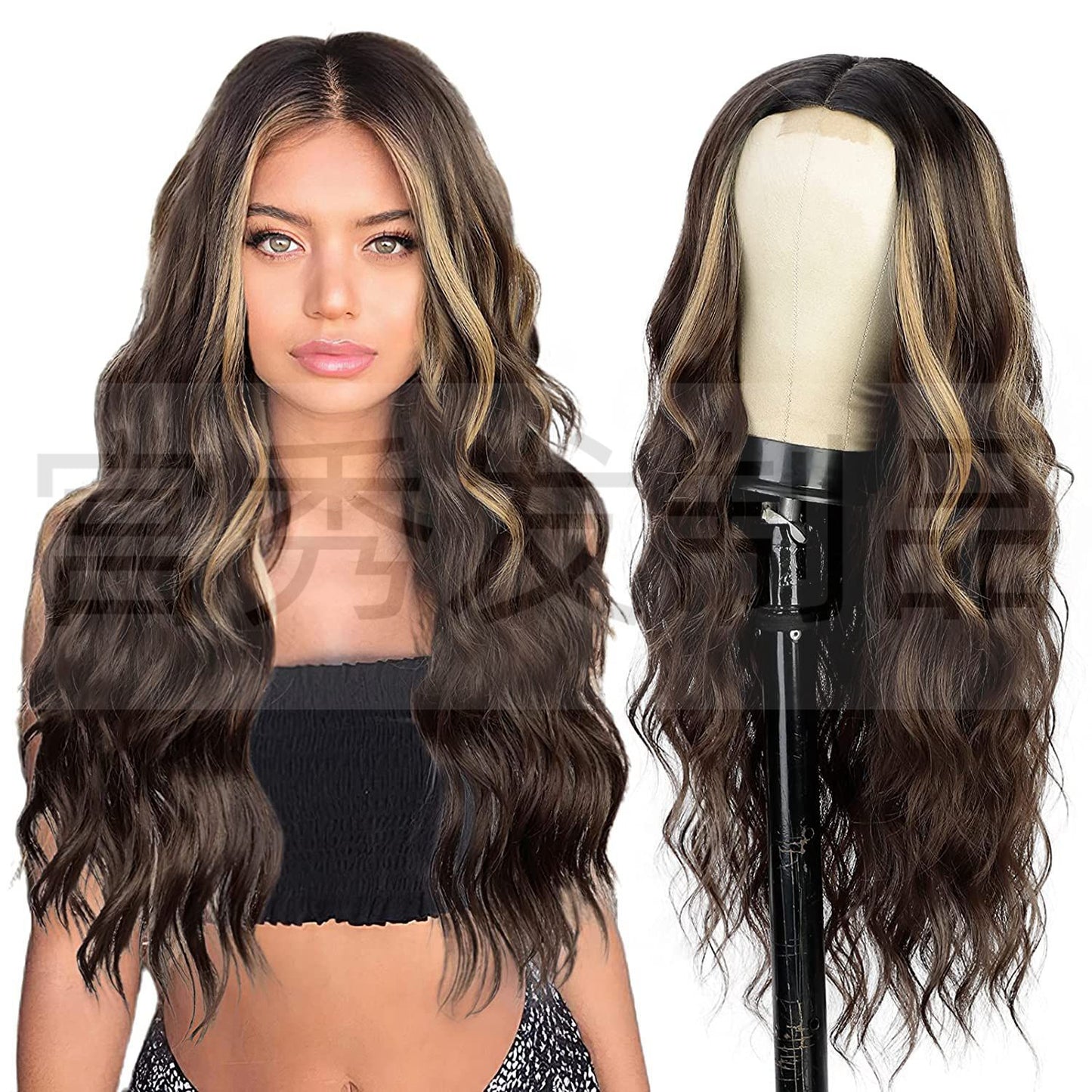Lace Front Wig for Women, Middle Part, Small Lace, Highlighted Long Curly Synthetic Wig, Export Wigs