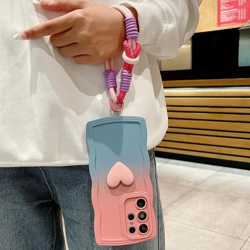 Love Heart Gradient Wrist Strap Case For Samsung Galaxy S25 Ultra S24 FE S23 S21 S20 S22 Plus Note 20 A55 A535 A25 A15 5G A05s