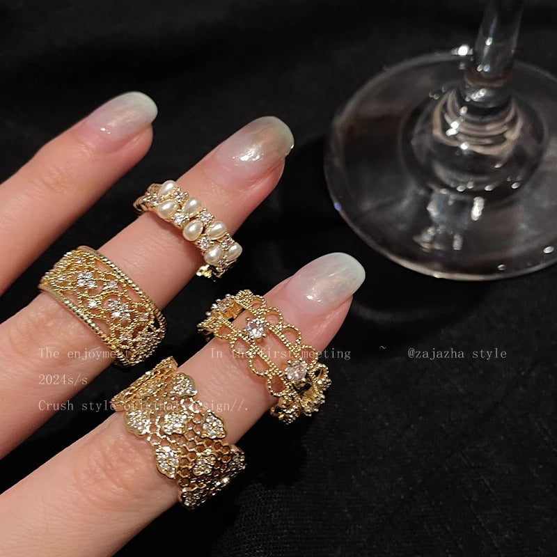 Wide Hollow Lace Open Ring French Retro Exquisite Commuting White Wear Ring