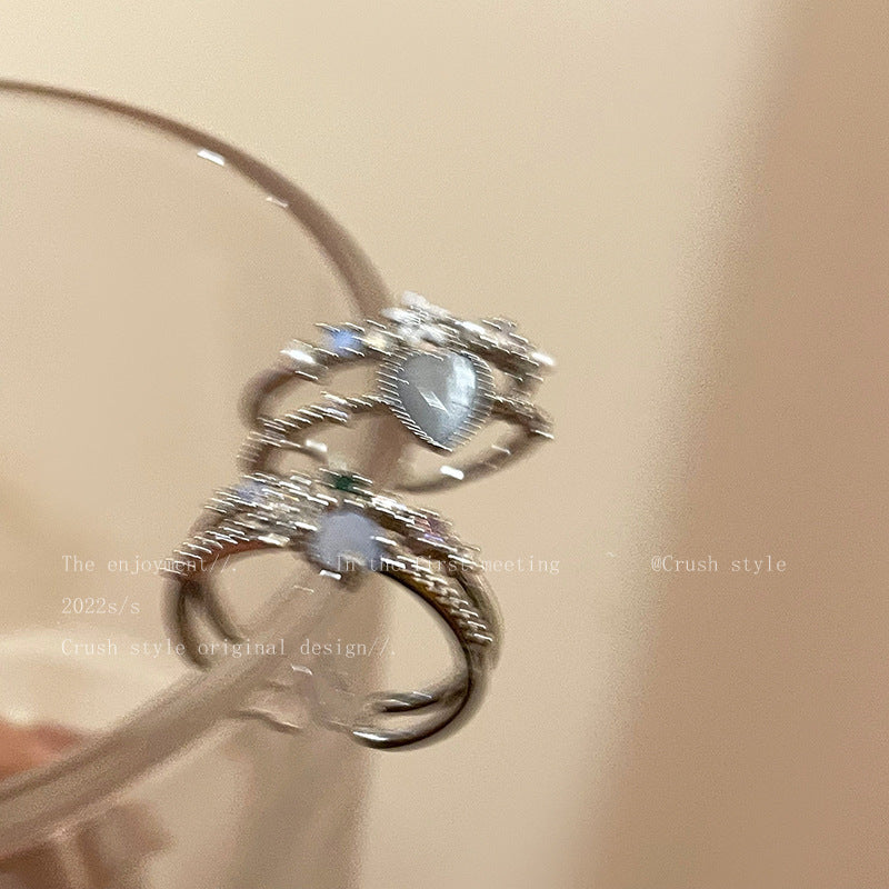 Navy Blue Love Moonlight Open-End Zircon Ring Female Light Luxury Minority Design Sense Index Finger Ring Temperament Adjustable Ring