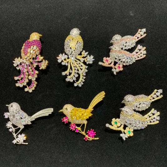 copper with cubic zircon birds brooch pin pink yellow multi color single double birds fashion women & men jewelry free shipping