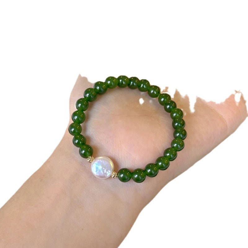 Green Agate Chalcedony Natural Pearl Bracelet Summer Women's High-end Niche New Chinese Style Bracelet Non-fading Jewelry