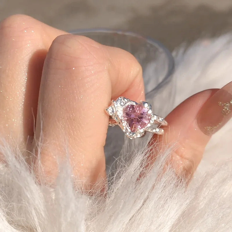 Fashion Sweet Cool Pink Heart Opening Ring Women Girls Y2K Adjustable Female Temperament Personality Finger Ring Jewelry Gifts