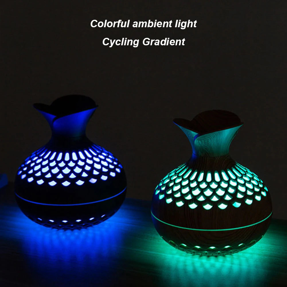 300ML Wood Grain Flower Humidifier Silent Aromatherapy Diffuser USB Rechargeable Mini Air Humidifier with Colorful Night Light