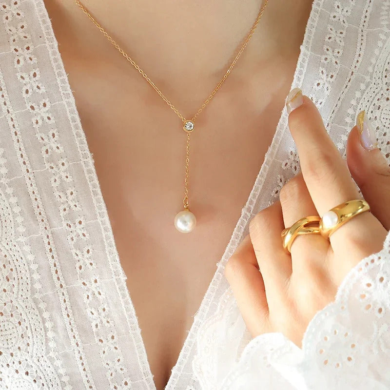 Women's Korean Style Stainless Steel Necklace Pearl Tassel Pendant Chain Zircon Minimally Designed