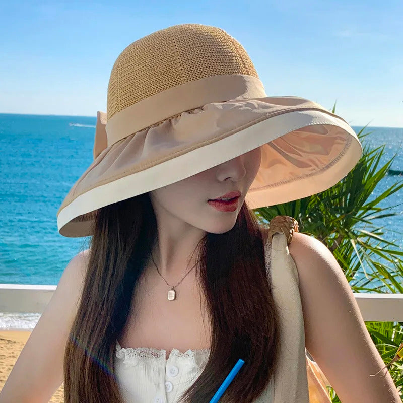 Women Bucket Hats Summer Sun Hat Large Brim Neck Protection Sunshade Hats with Bow Fisherman Caps for Ladies