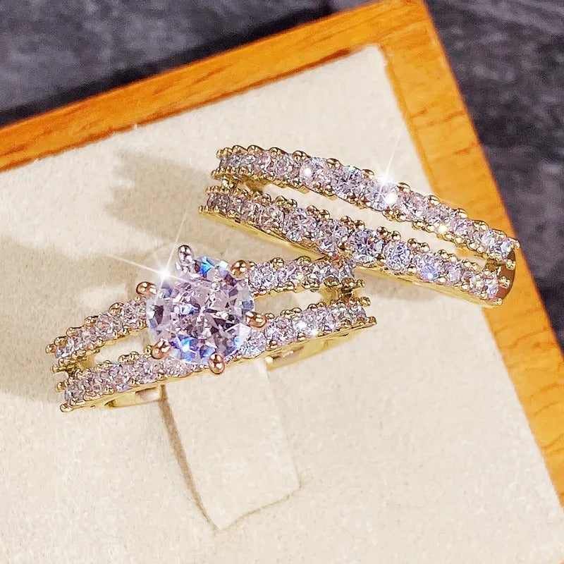 Huitan Trendy Hollow Set Rings Full Bling Iced Out CZ Stone Luxury Women Wedding Engagement Rings 2Pcs Set Jewelry Drop Shipping