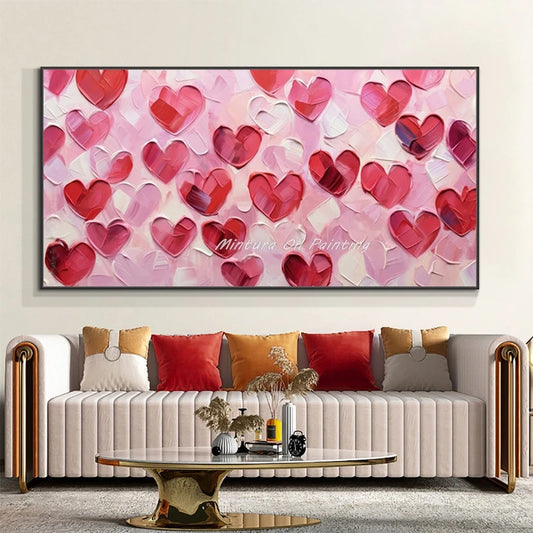 Mintura,100% Handmade Knife Graffiti Pink Red Heart Oil Painting on Canvas,Modern Abstract Wall Art Picture,Room Home Decoration