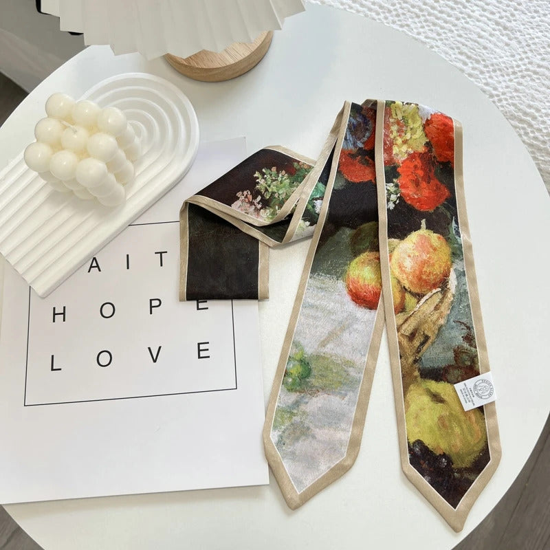 High-Grade Flower Print Long Silk Scarf Hair Band Ribbon Tied-up Hair Long Bow Vintage Satin Ribbon Hair Accessories For Women