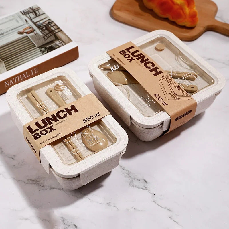 1100ML Lunch Box For Kids School Adults Office Wheat Straw Microwave Picnic Storage Portable Big Bento Box With Spoon Chopsticks