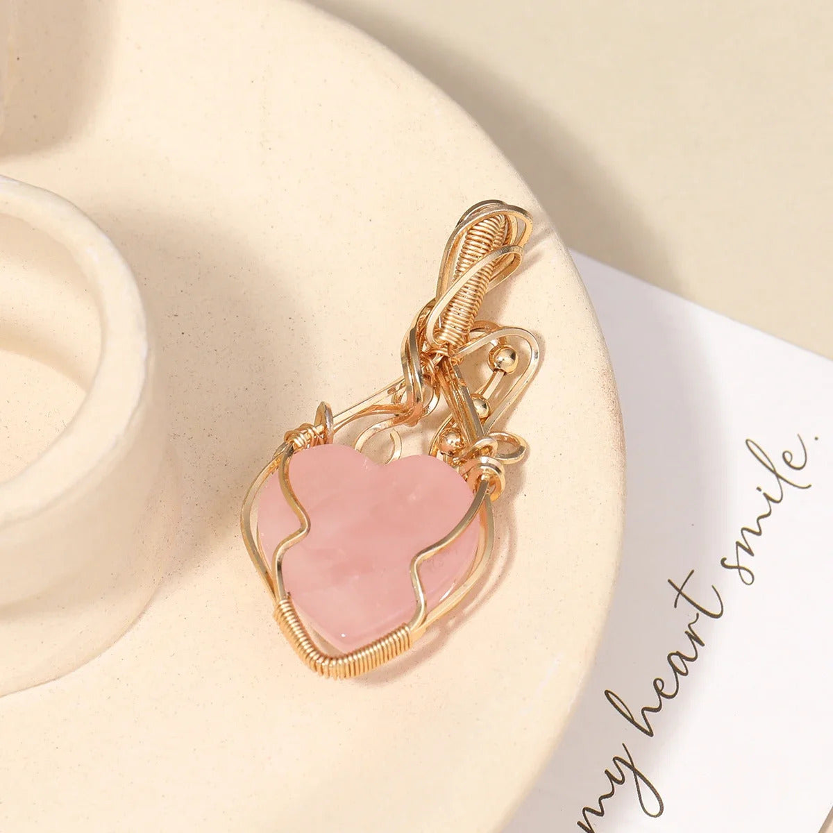 Gemstone Pink Crystal Heart Necklace Pendant Copper Wire Wrap Handmade Stainless Steel Jewelry Ladies Necklace Gift