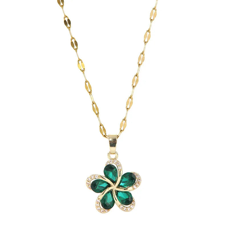 Stainless Steel Green Zircon Flowers Pendant Necklace For Women New Luxury Girls Lucky Chain Birthday Jewelry Gifts