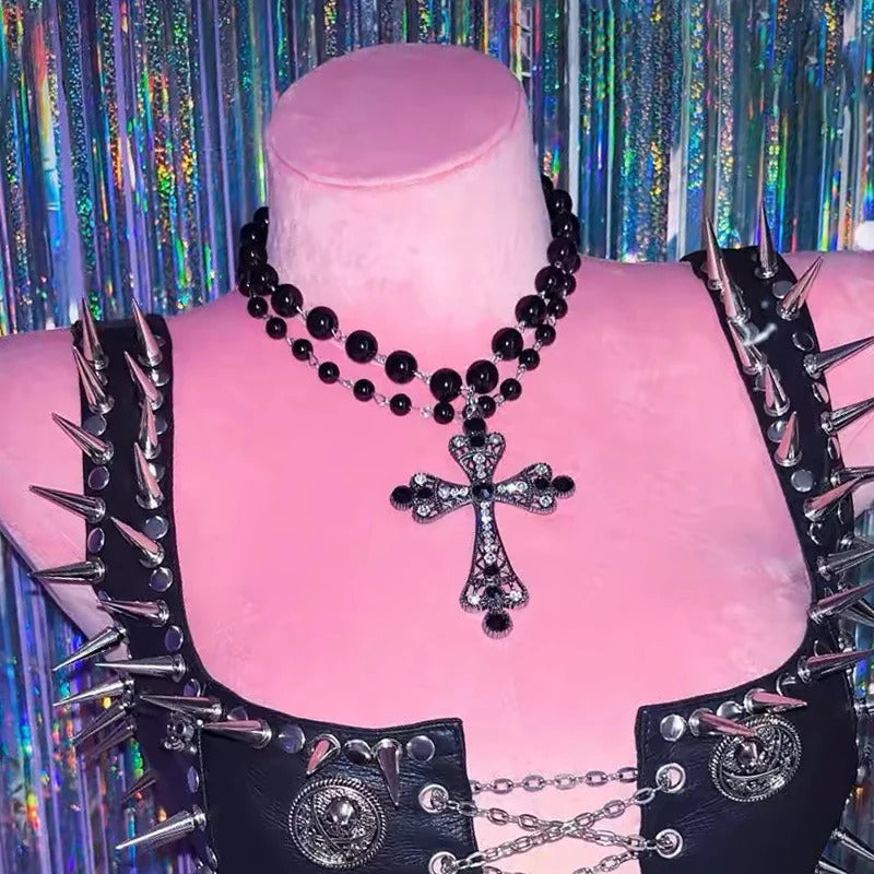 Y2K Jewelry Black Beads Crystal Cross Pendant Necklace Women Goth Accessories Charm Necklace Korean Fashion Choker Punk Grunge